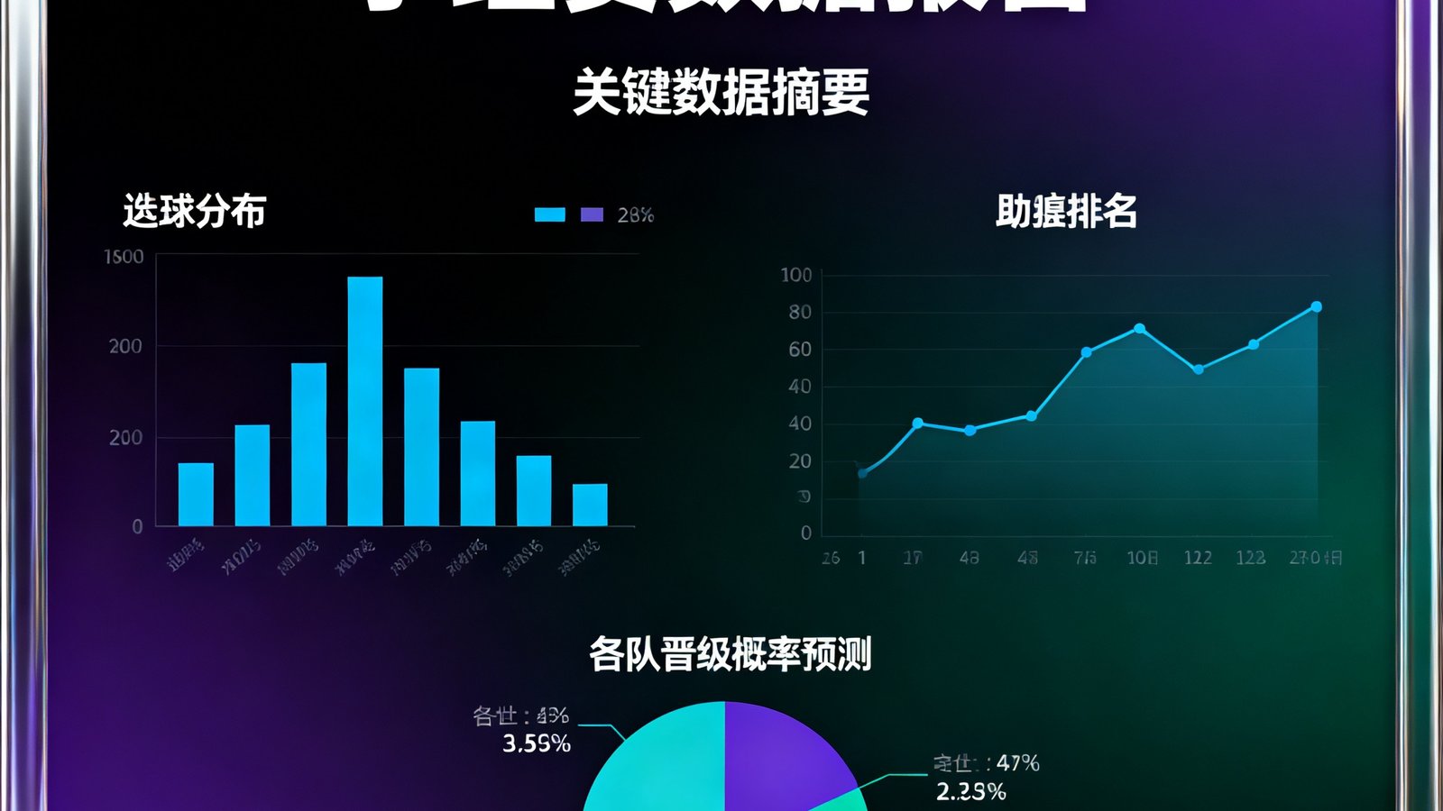 一份欧冠小组赛数据报告封面图，深色背景上以图表形式展示本赛季欧冠小组赛的关键数据摘要，包括进球分布、助攻排名和各队晋级概率预测，设计风格专业且富有视觉冲击力。