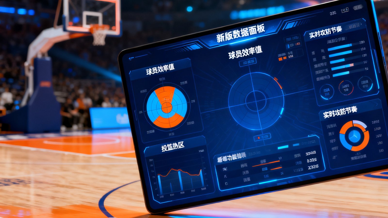 一张NBA新赛季数据服务升级的宣传图，画面以篮球场为背景，前景展示新版数据面板的界面截图，突出显示球员效率值、投篮热区和实时攻防节奏等新增功能模块。
