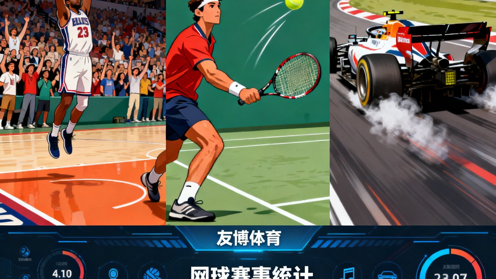 一张拼合的多运动项目场景图，左侧为NBA赛场精彩瞬间，中间为网球选手发球特写，右侧为F1赛车在赛道上飞驰的画面，底部展示数据面板界面，体现友博体育跨项目数据服务能力。
